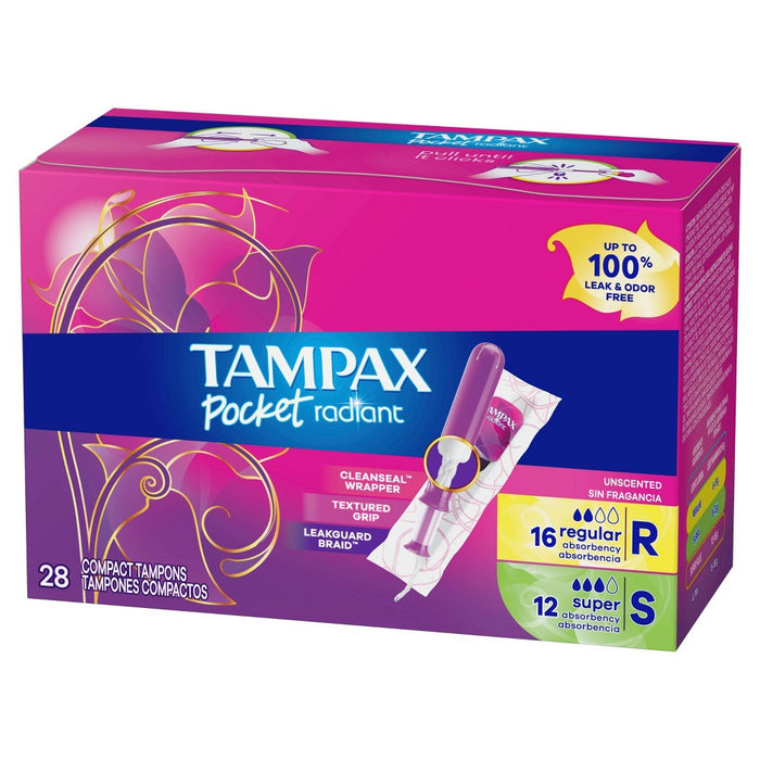 Tampax Pocket Radiant Compact Duopack Regular/Super Absorbency Unscented Plastic Tampons - 28ct