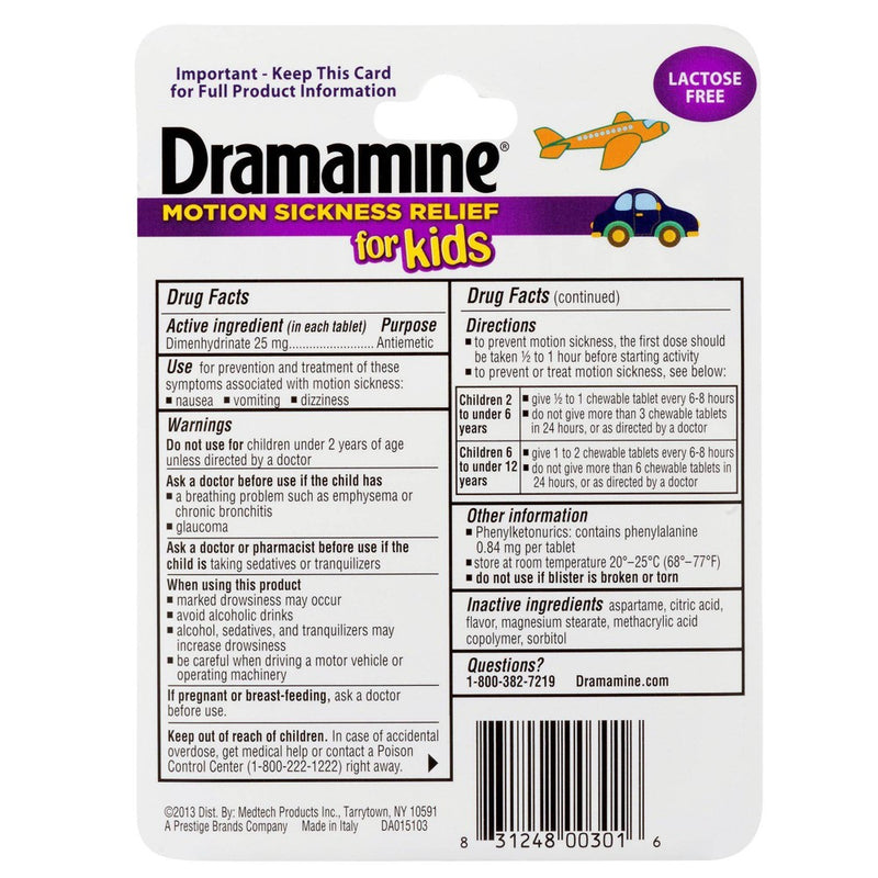 Dramamine Chewable Motion Sickness Relief for Kids - Grape Flavored -  8ct