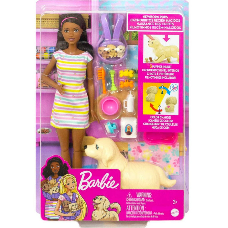 Barbie Doll Newborn Pups Playset - Brunette Hair