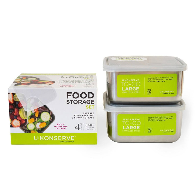 U-Konserve To-Go Stainless Steel Food-Storage Set - 2-50oz Square Containers with Clear Lids