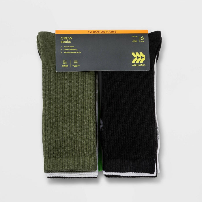 Men's Training Crew Socks 8pk - All in Motion™  Olive/Green/Black/White 6-12