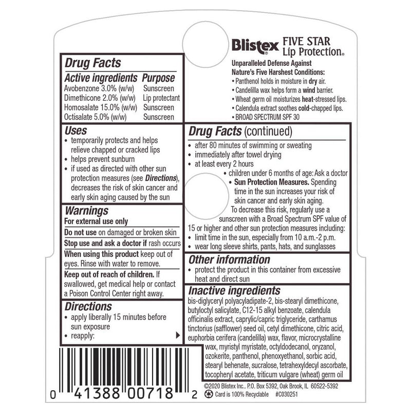 Blistex Five Star SPF 30 Water Resistant Lip Balm - 0.30oz