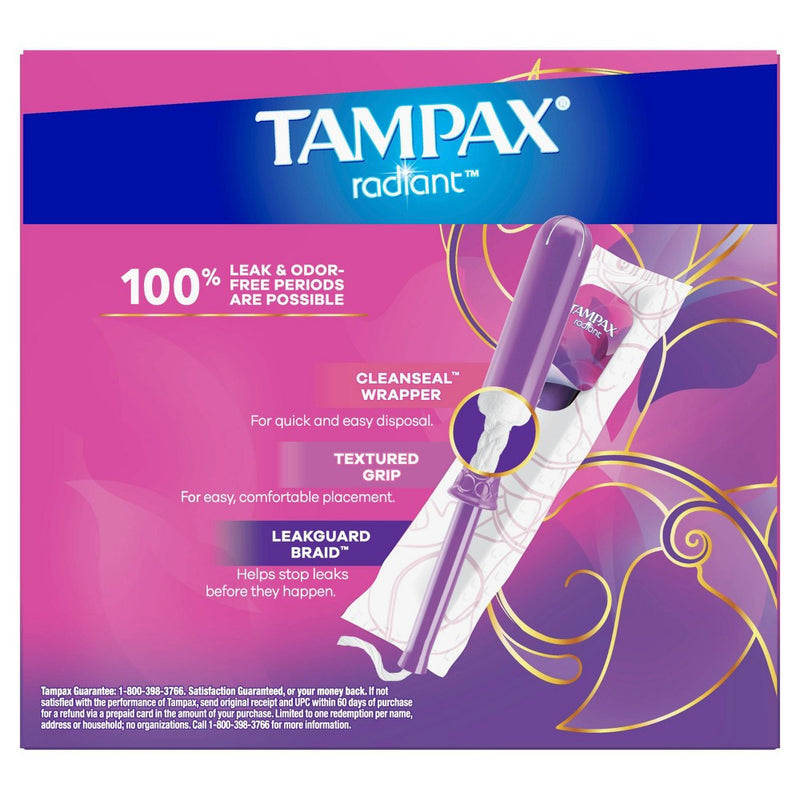 Tampax Radiant Light Absorbency Tampons Plastic Applicator and LeakGuard Braid - Unscented - 28ct