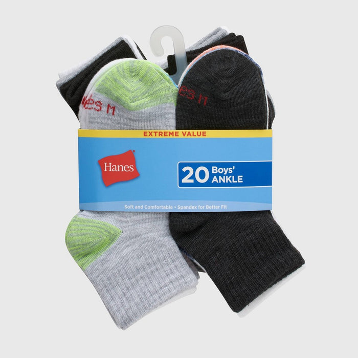 Hanes Boys' 20pk Ankle Socks - Colors May Vary M