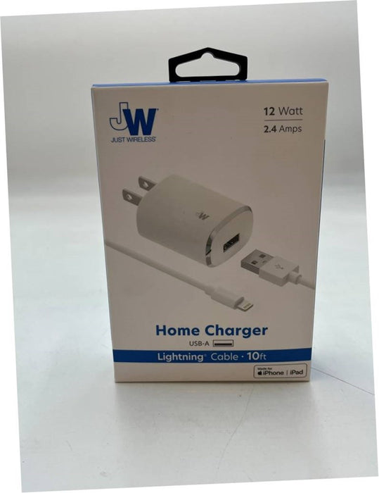 Just Wireless 12W Home Charger with 10' TPU Lightning to USB Cable - White NEW
