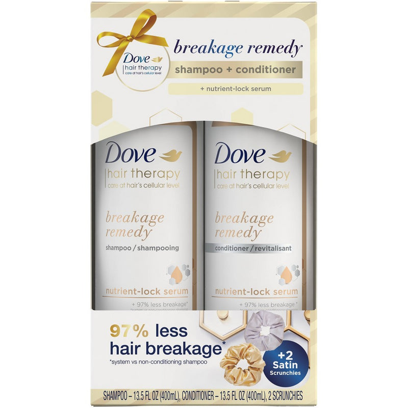 Dove Beauty Breakage Remedy Pump Shampoo + Conditioner + Scrunchies Hair Therapy with Nutrient Lock Serum Gift Set - 27 fl oz/4ct