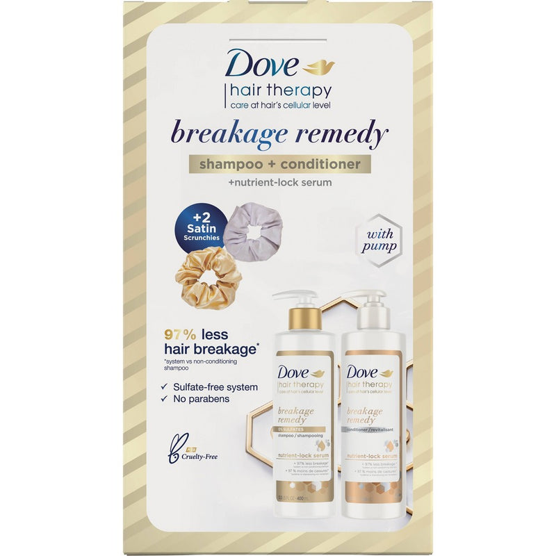 Dove Beauty Breakage Remedy Pump Shampoo + Conditioner + Scrunchies Hair Therapy with Nutrient Lock Serum Gift Set - 27 fl oz/4ct
