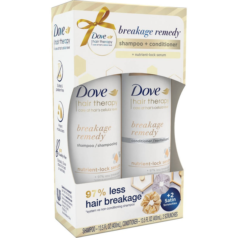 Dove Beauty Breakage Remedy Pump Shampoo + Conditioner + Scrunchies Hair Therapy with Nutrient Lock Serum Gift Set - 27 fl oz/4ct