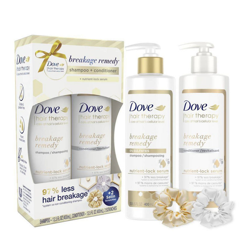 Dove Beauty Breakage Remedy Pump Shampoo + Conditioner + Scrunchies Hair Therapy with Nutrient Lock Serum Gift Set - 27 fl oz/4ct