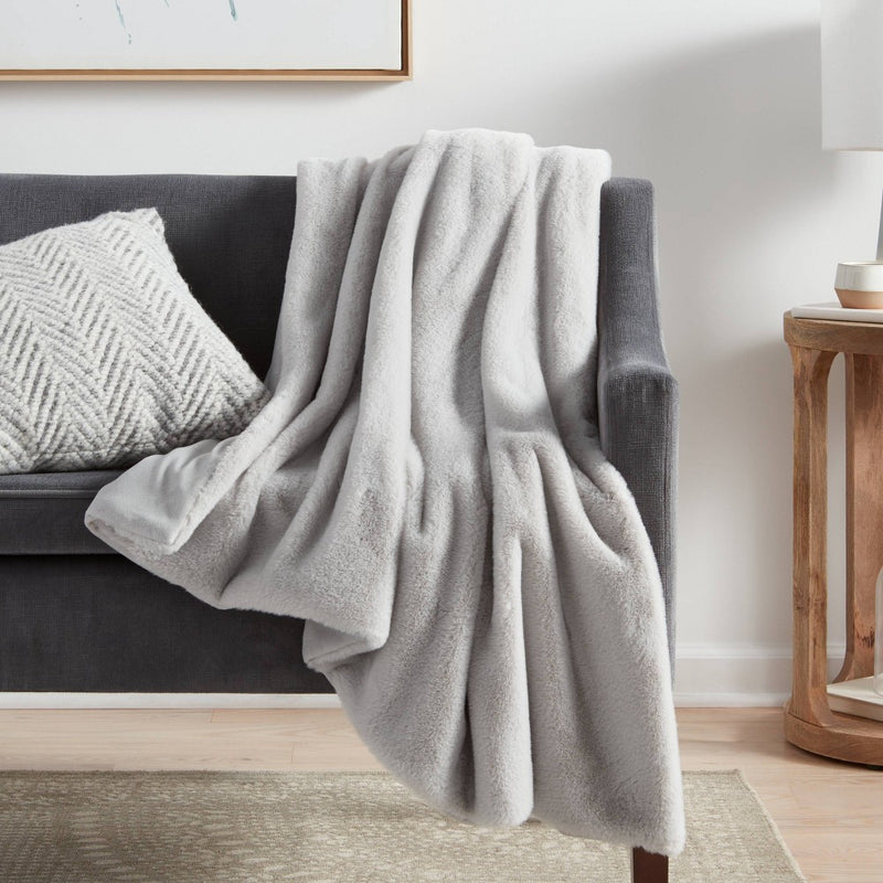 Faux Rabbit Fur Throw Blanket Light Gray - Threshold™ (LOCAL PICKUP ONLY)