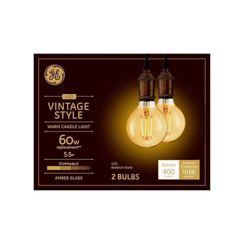 GE 2pk 5.5W 60W Equivalent LED Globe Light Bulbs Amber Glass Warm Candle Light