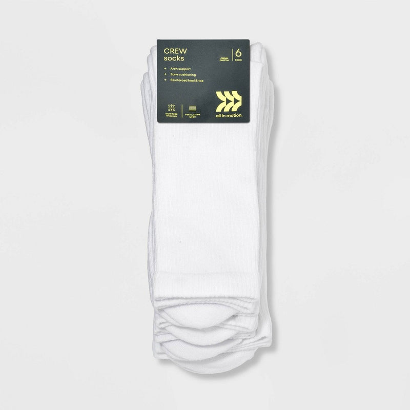 Men's Active Crew Socks 6pk - All in Motion™ White 6-12