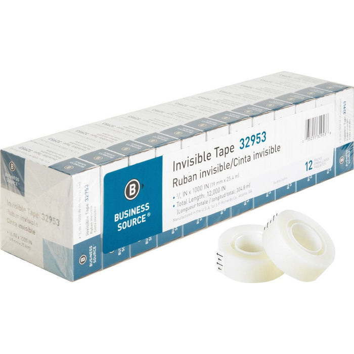 Business Source Invisible Tape Value Pk 1" Core 3/4"x1000" 12/PK Clear 32953