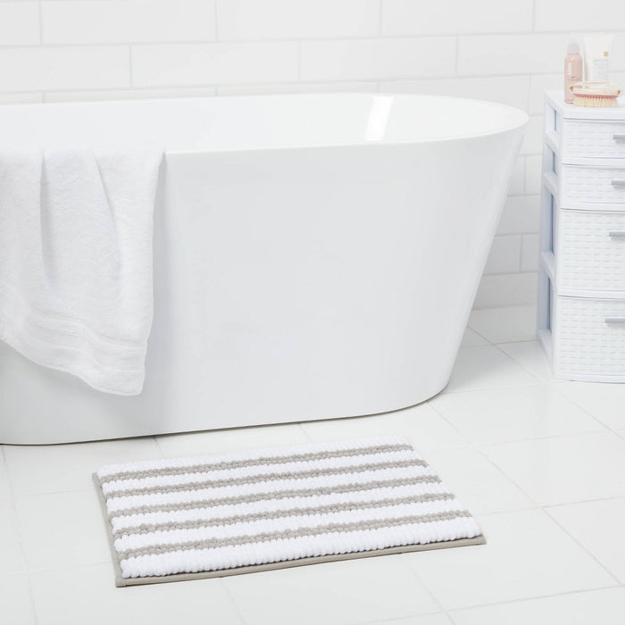 17"x24" Chunky Chenille Memory Foam Bath Rug Light Gray Stripe - Room Essentials™
