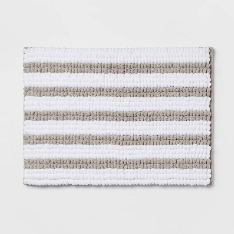 17"x24" Chunky Chenille Memory Foam Bath Rug Light Gray Stripe - Room Essentials™