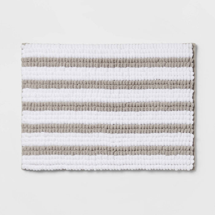 17"x24" Chunky Chenille Memory Foam Bath Rug Light Gray Stripe - Room Essentials™
