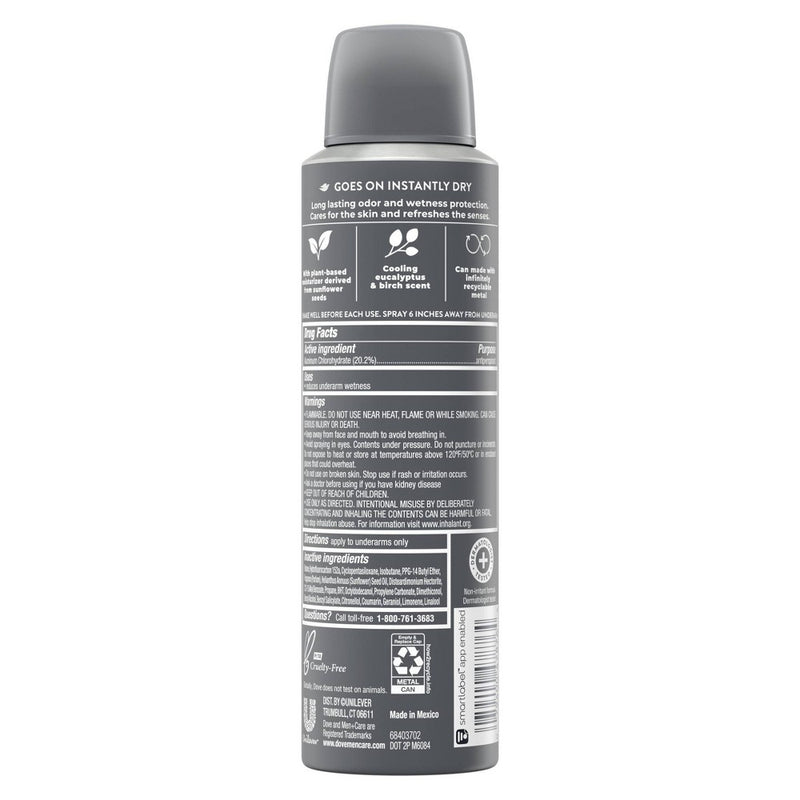 Dove Men+Care Refreshing Eucalyptus + Birch Plant Based Antiperspirant & Deodorant Dry Spray - 3.8oz