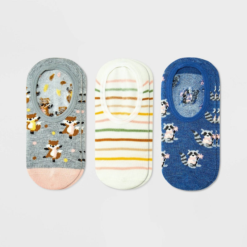 Women's Fall Critters 3pk Liner Socks - Xhilaration™ Heather Gray/Cream/Denim Heather 4-10