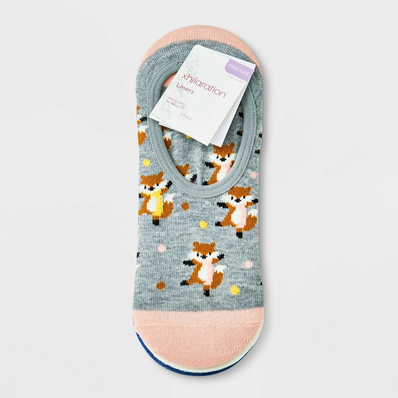 Women's Fall Critters 3pk Liner Socks - Xhilaration™ Heather Gray/Cream/Denim Heather 4-10