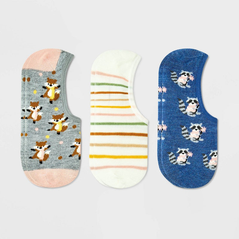 Women's Fall Critters 3pk Liner Socks - Xhilaration™ Heather Gray/Cream/Denim Heather 4-10