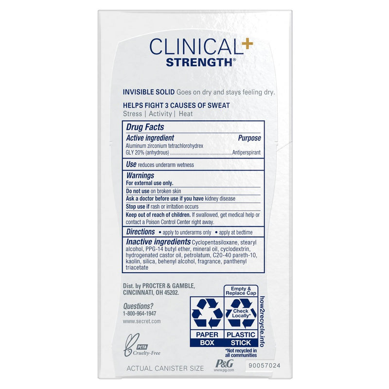 Secret Clinical Strength Invisible Solid Antiperspirant and Deodorant for Women - Free & Sensitive - 1.6oz