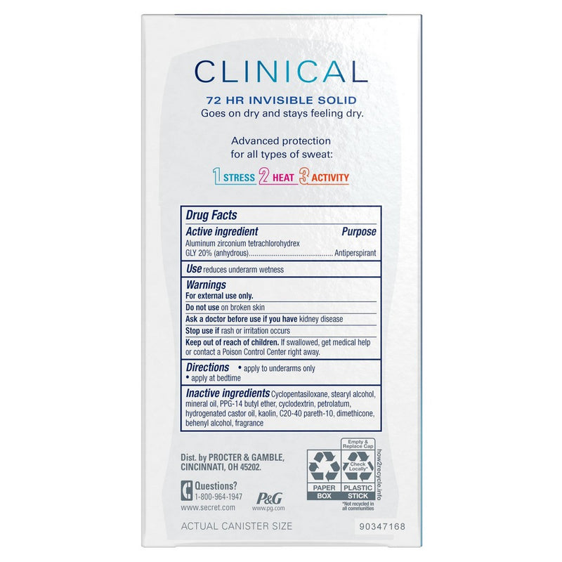 Secret Clinical Strength Invisible Solid Antiperspirant and Deodorant for Women - Free & Sensitive - 1.6oz