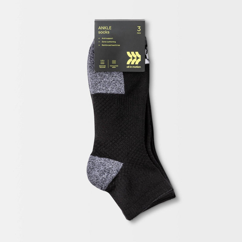 Men's Active Ankle Socks 3pk - All in Motion™ Black 6-12