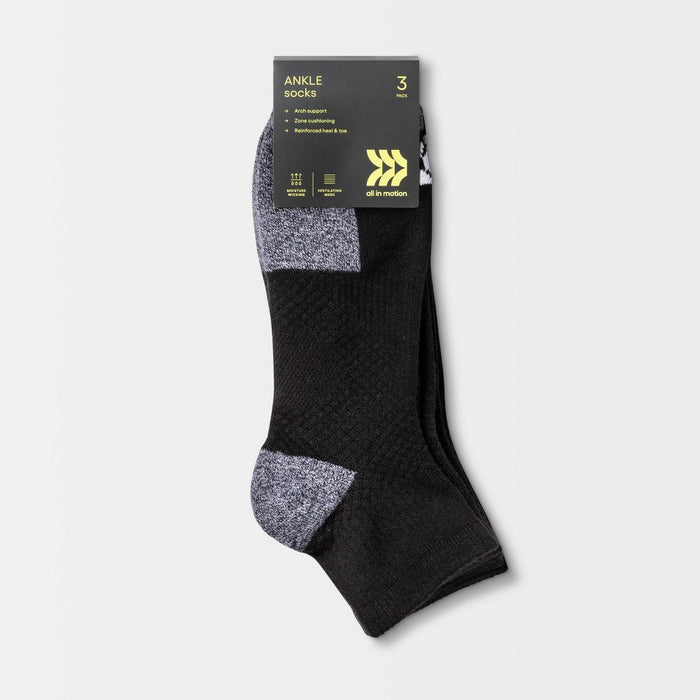 Men's Active Ankle Socks 3pk - All in Motion™ Black 6-12