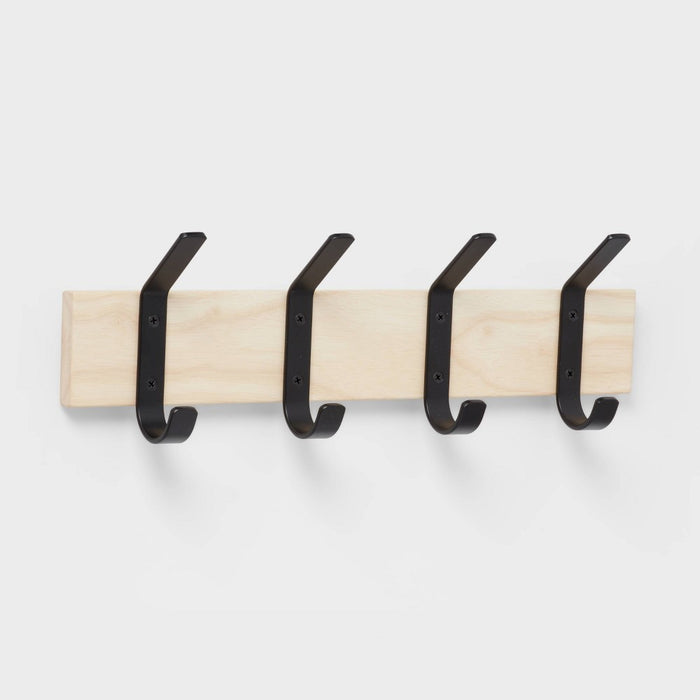 Mixed Material 4 Hook Rail Matte Black Hooks on Light Wood - Brightroom™