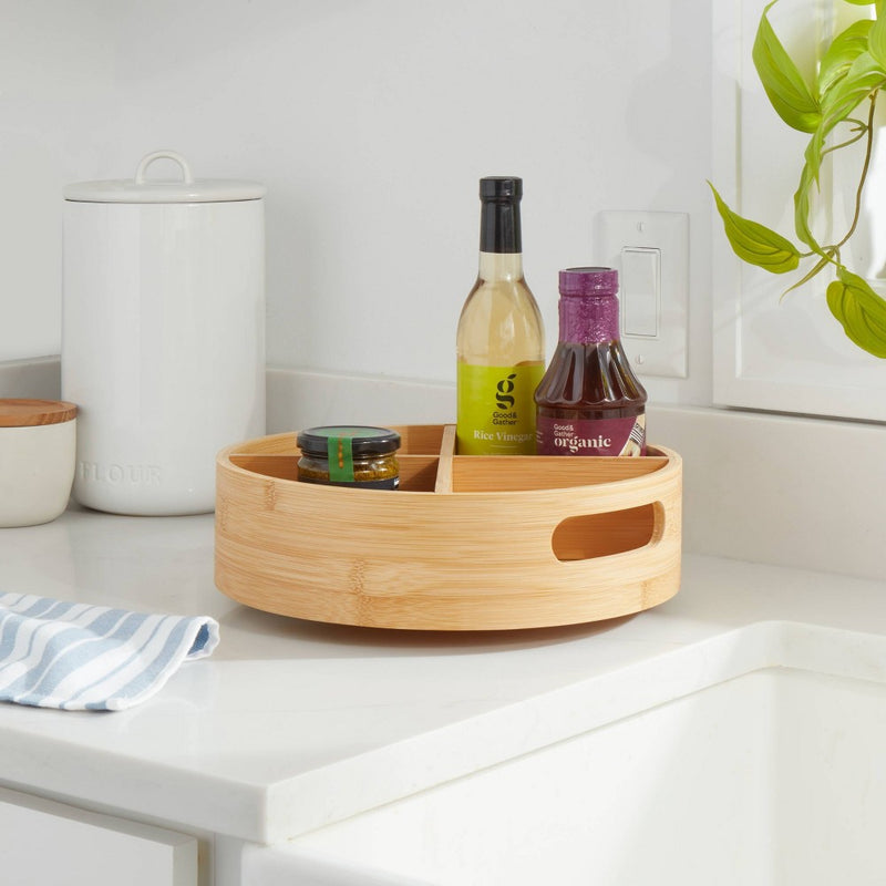 Bamboo 4 Compartment Lazy Susan Turntable with Dividers Light Yellow - Brightroom™
