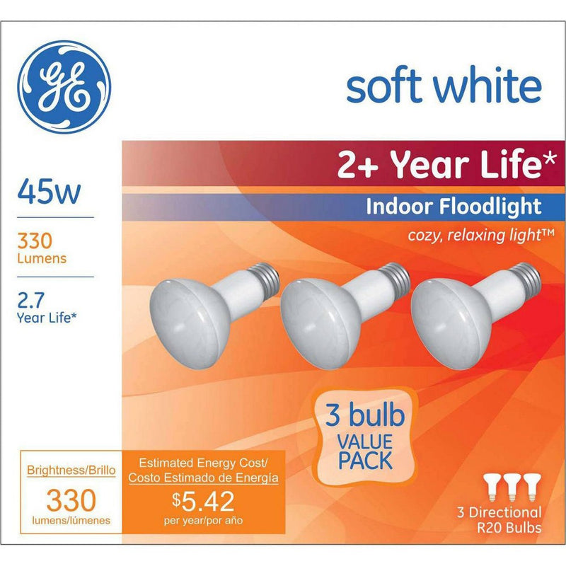GE 3pk 45w R20 Long Life Incandescent Light Bulb Soft White9