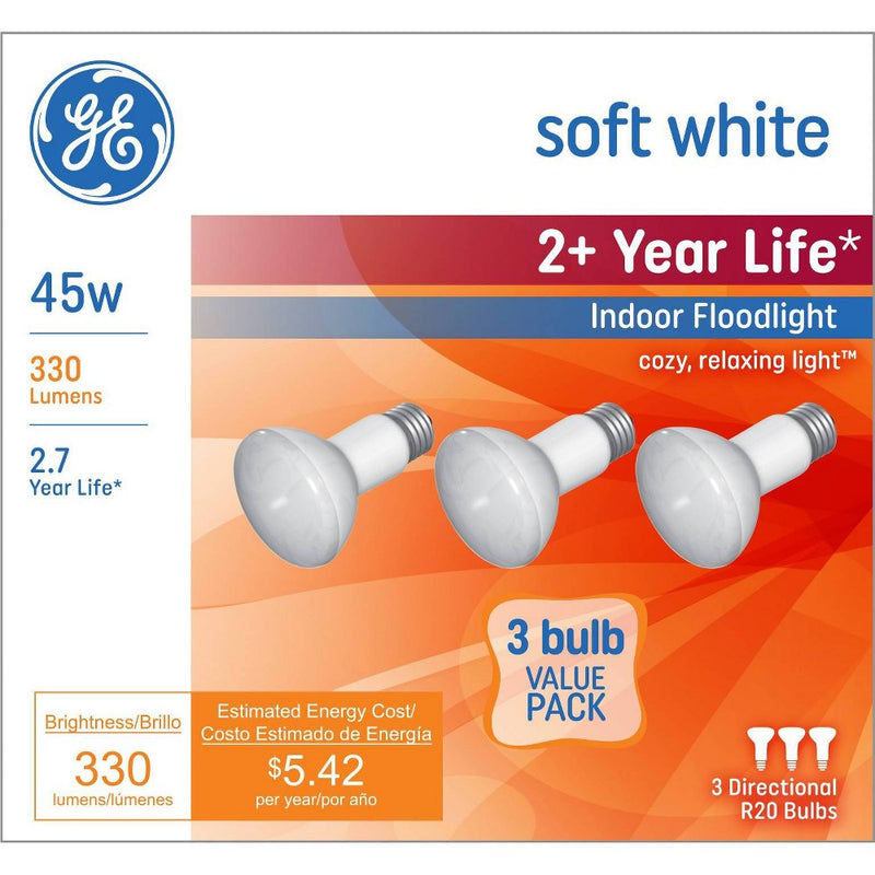 GE 3pk 45w R20 Long Life Incandescent Light Bulb Soft White9
