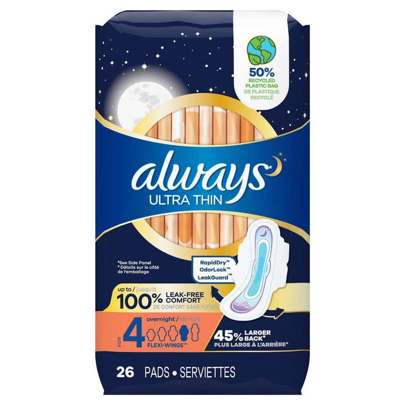 Always Ultra Thin Overnight Pads with Wings Unscented - Size 4 - 26ct