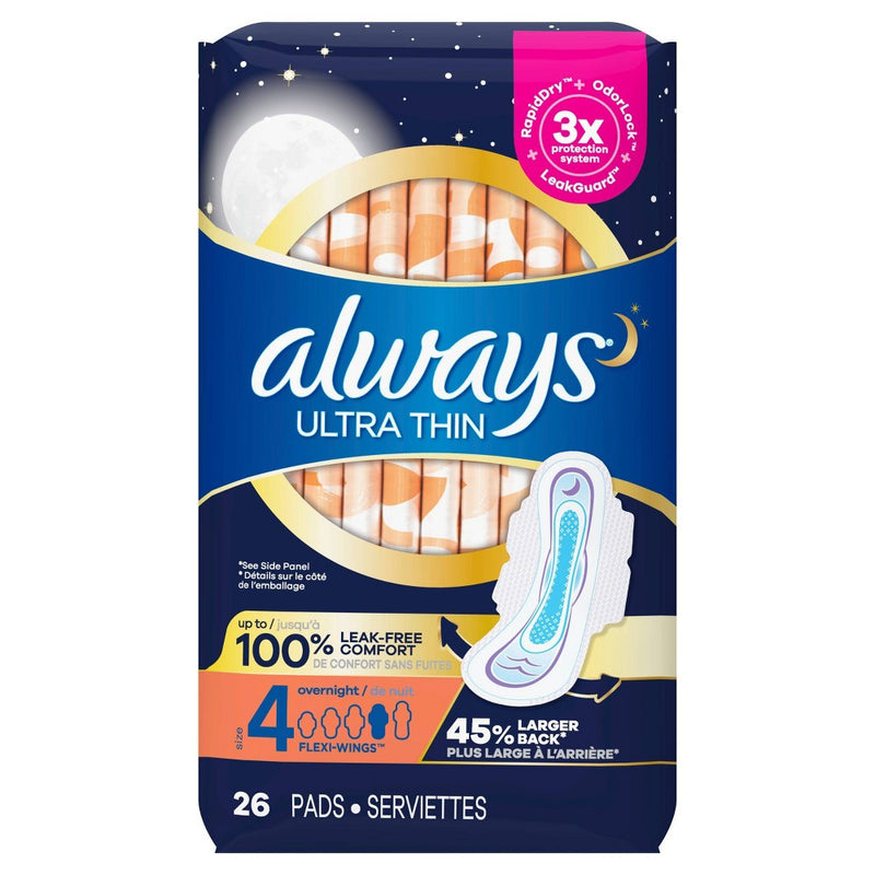 Always Ultra Thin Overnight Pads with Wings Unscented - Size 4 - 26ct