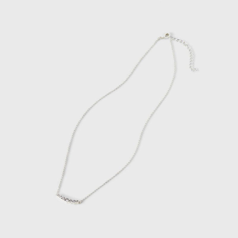 Silver Plated Cubic Zirconia Curved Bar with Stud Earring Station Necklace - A New Day™ Silver