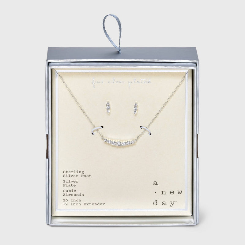 Silver Plated Cubic Zirconia Curved Bar with Stud Earring Station Necklace - A New Day™ Silver