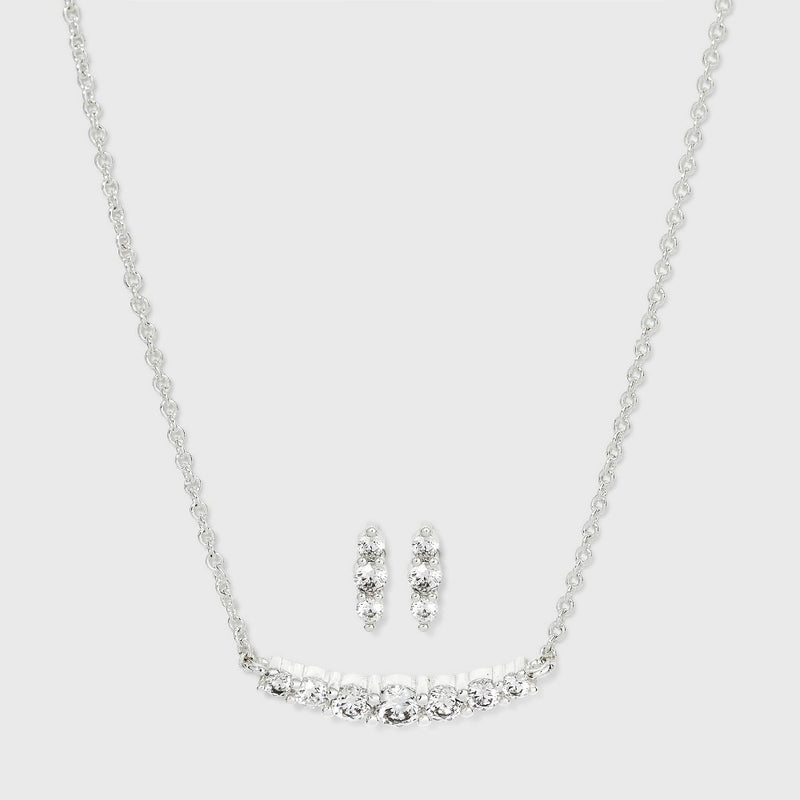 Silver Plated Cubic Zirconia Curved Bar with Stud Earring Station Necklace - A New Day™ Silver
