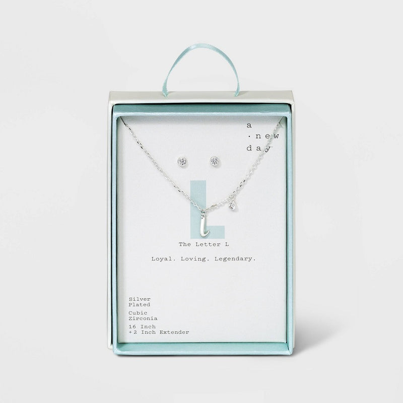 Silver Plated Cubic Zirconia Initial 'L' Chain Pendant Necklace and Earring Set - A New Day™ Silver