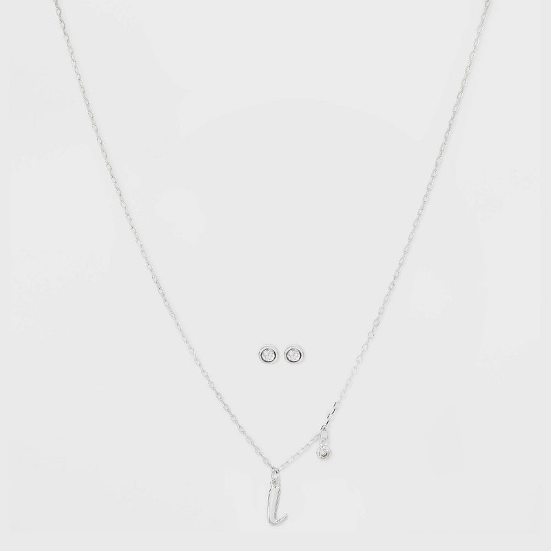 Silver Plated Cubic Zirconia Initial 'L' Chain Pendant Necklace and Earring Set - A New Day™ Silver