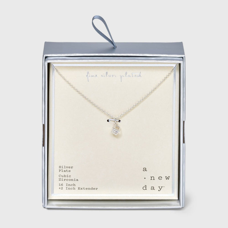 Silver Plated Open Square Cube with Cubic Zirconia Pendant Necklace - A New Day™ Silver