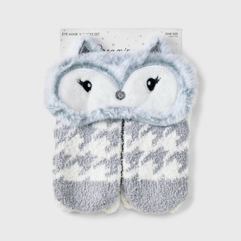 Women's Fox Faux Fur Eyemask & Cozy Socks Set - Gray/Ivory 4-10