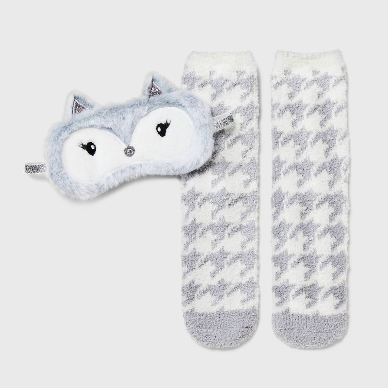 Women's Fox Faux Fur Eyemask & Cozy Socks Set - Gray/Ivory 4-10