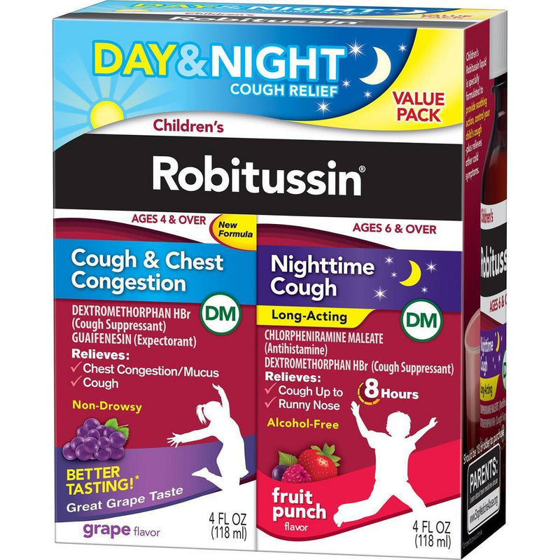 Children's Robitussin Day/Night Cough & Chest Congestion DM - Dextromethorphan - Grape & Fruit Punch Flavors - 4 fl oz/2pk