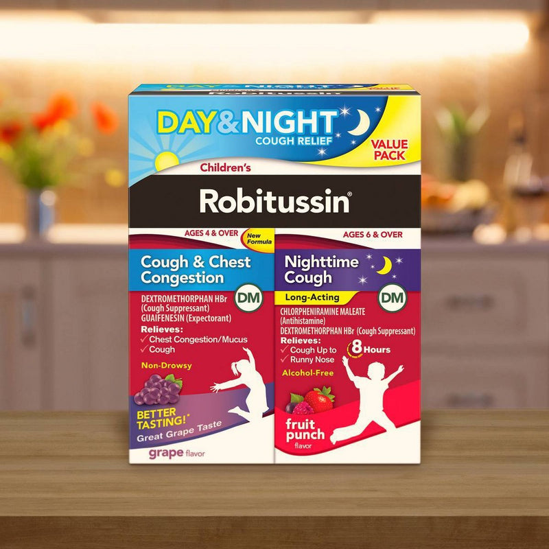 Children's Robitussin Day/Night Cough & Chest Congestion DM - Dextromethorphan - Grape & Fruit Punch Flavors - 4 fl oz/2pk