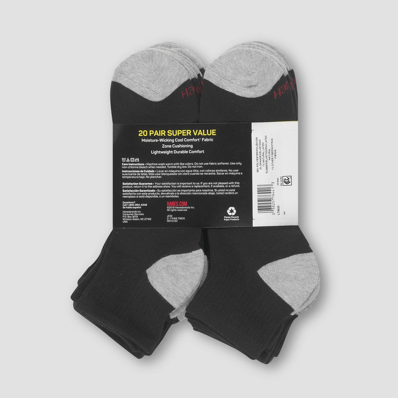 Hanes Men's Lightweight Comfort Super Value Ankle Socks 20pk - Black/Gray 6-12