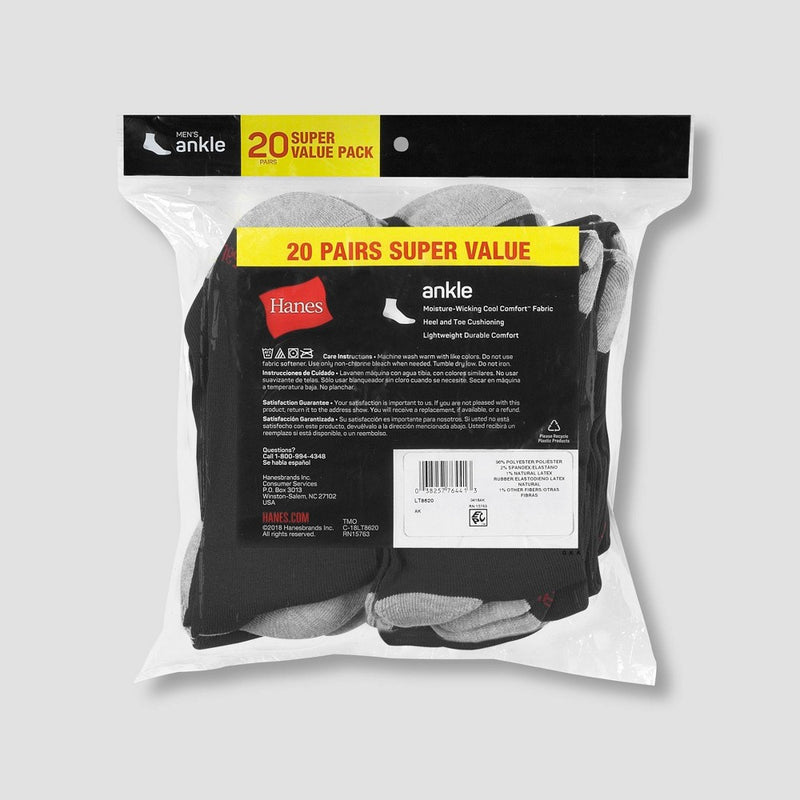 Hanes Men's Lightweight Comfort Super Value Ankle Socks 20pk - Black/Gray 6-12