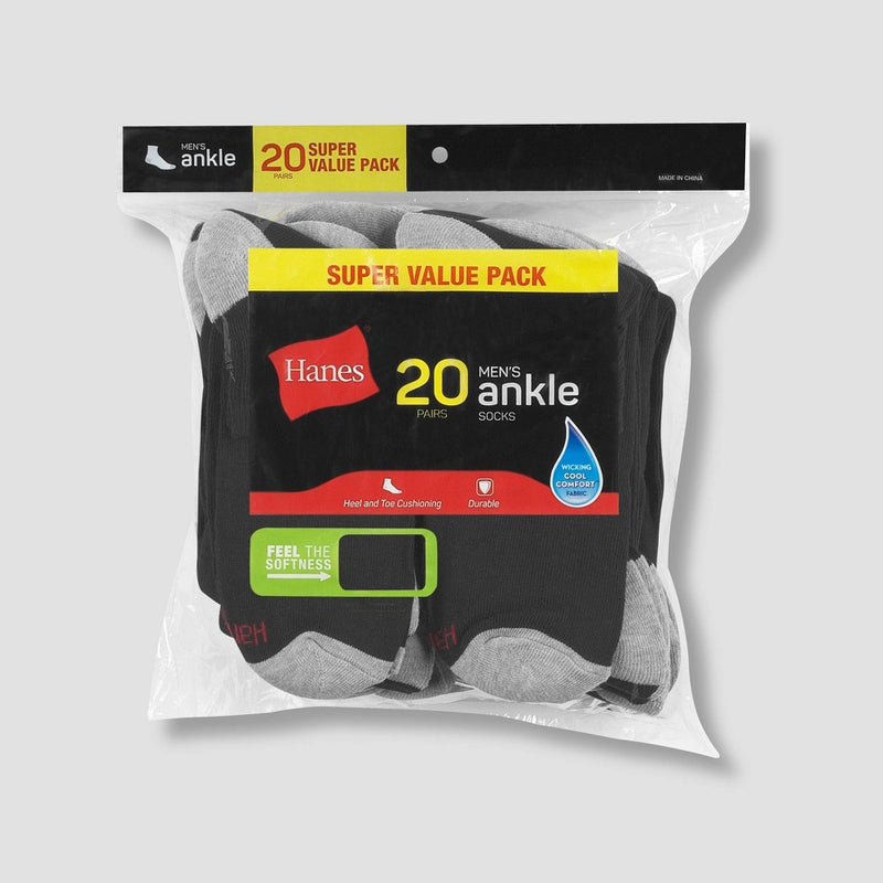 Hanes Men's Lightweight Comfort Super Value Ankle Socks 20pk - Black/Gray 6-12