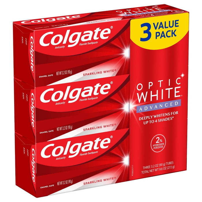 Colgate Optic White Advanced Whitening Toothpaste with Fluoride 2% Hydrogen Peroxide - Sparkling White - 3.2oz/3pk