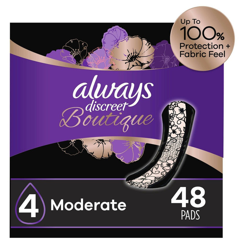 Always Discreet Boutique Incontinence and Postpartum Incontinence Pads - Moderate Absorbency - Regular Length - 48ct