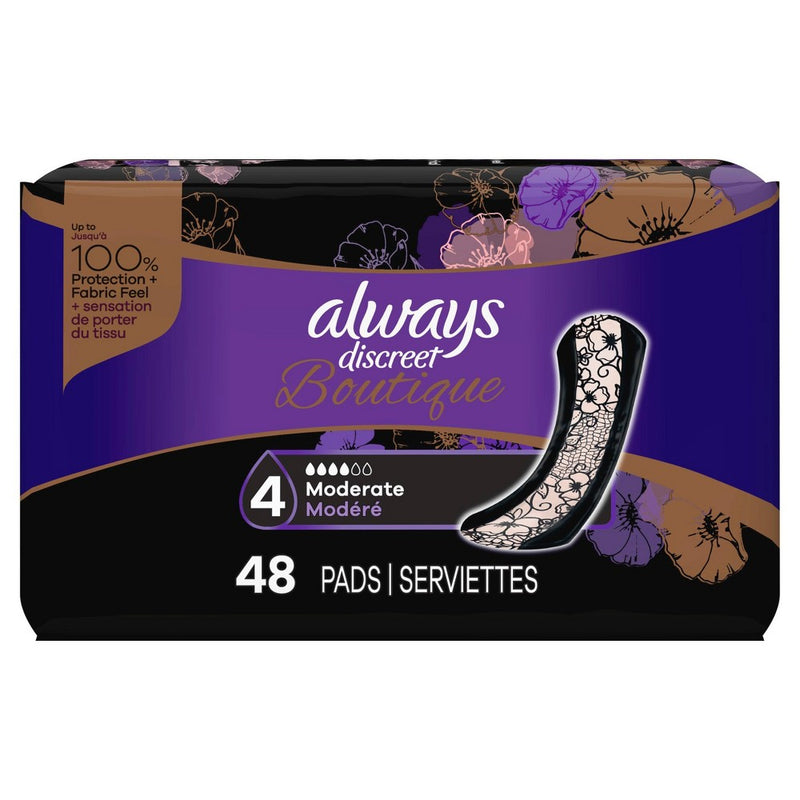 Always Discreet Boutique Incontinence and Postpartum Incontinence Pads - Moderate Absorbency - Regular Length - 48ct